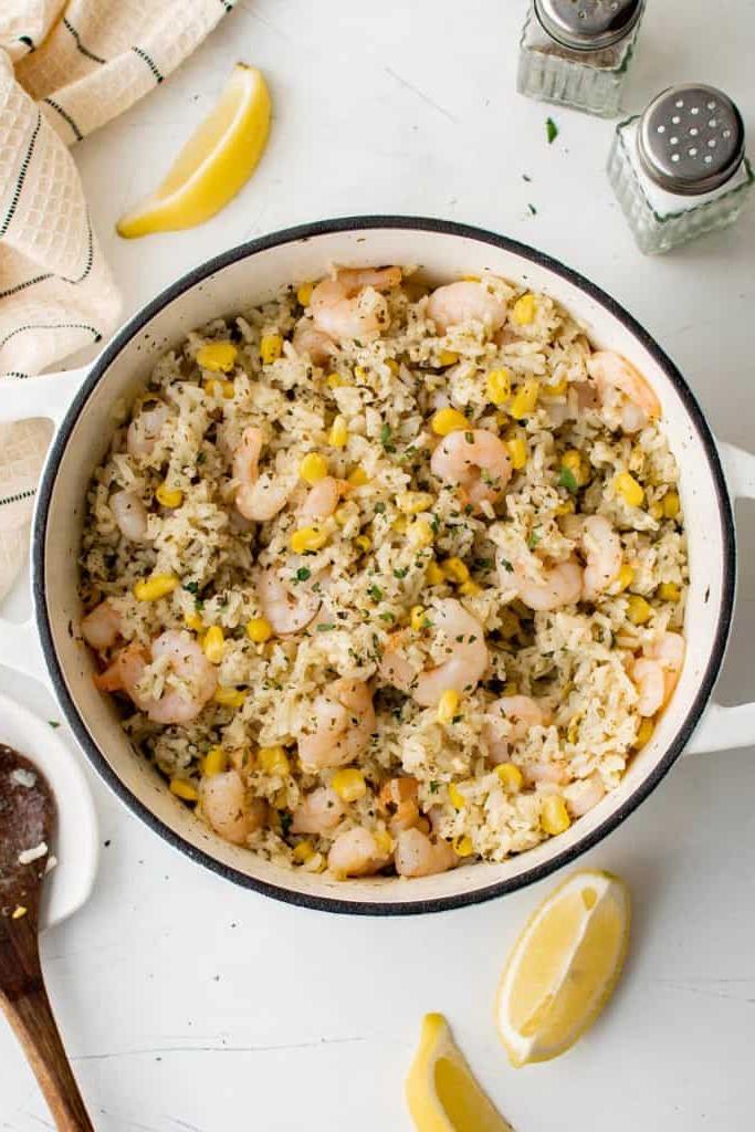 shrimp and rice in a pot