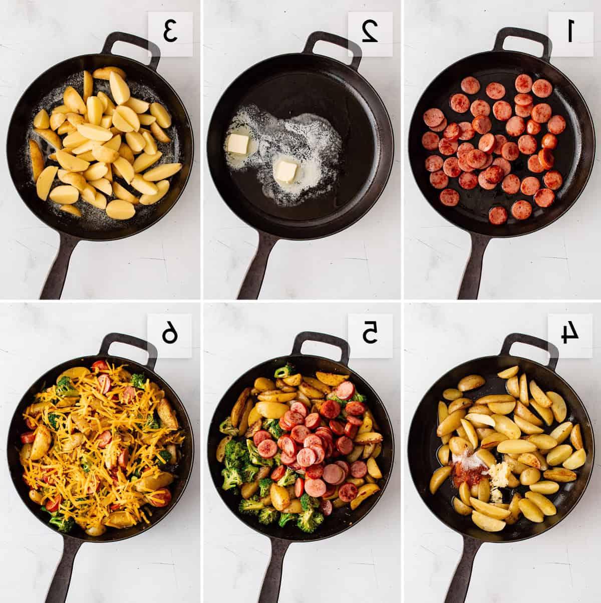 **Salsiccia, Patate e Broccoli in Padella** 3 Sei pannelli collage che mostrano i passaggi per assemblare la padella di salsiccia, patate e broccoli