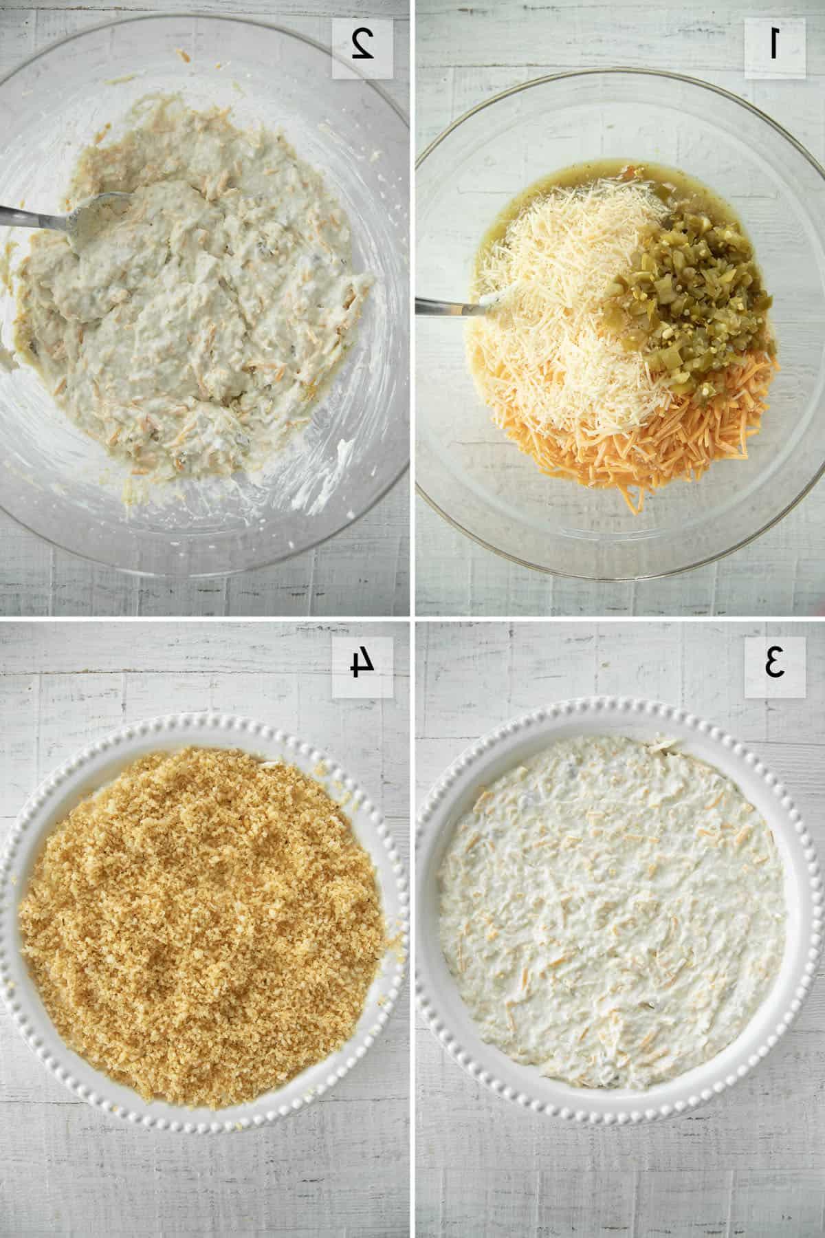 Collage con quattro immagini che mostrano diverse fasi di assemblaggio del dip di jalapeño popper