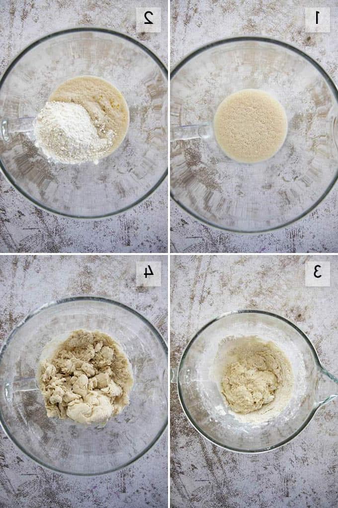 Collage di foto che mostrano come fare l'impasto della pizza