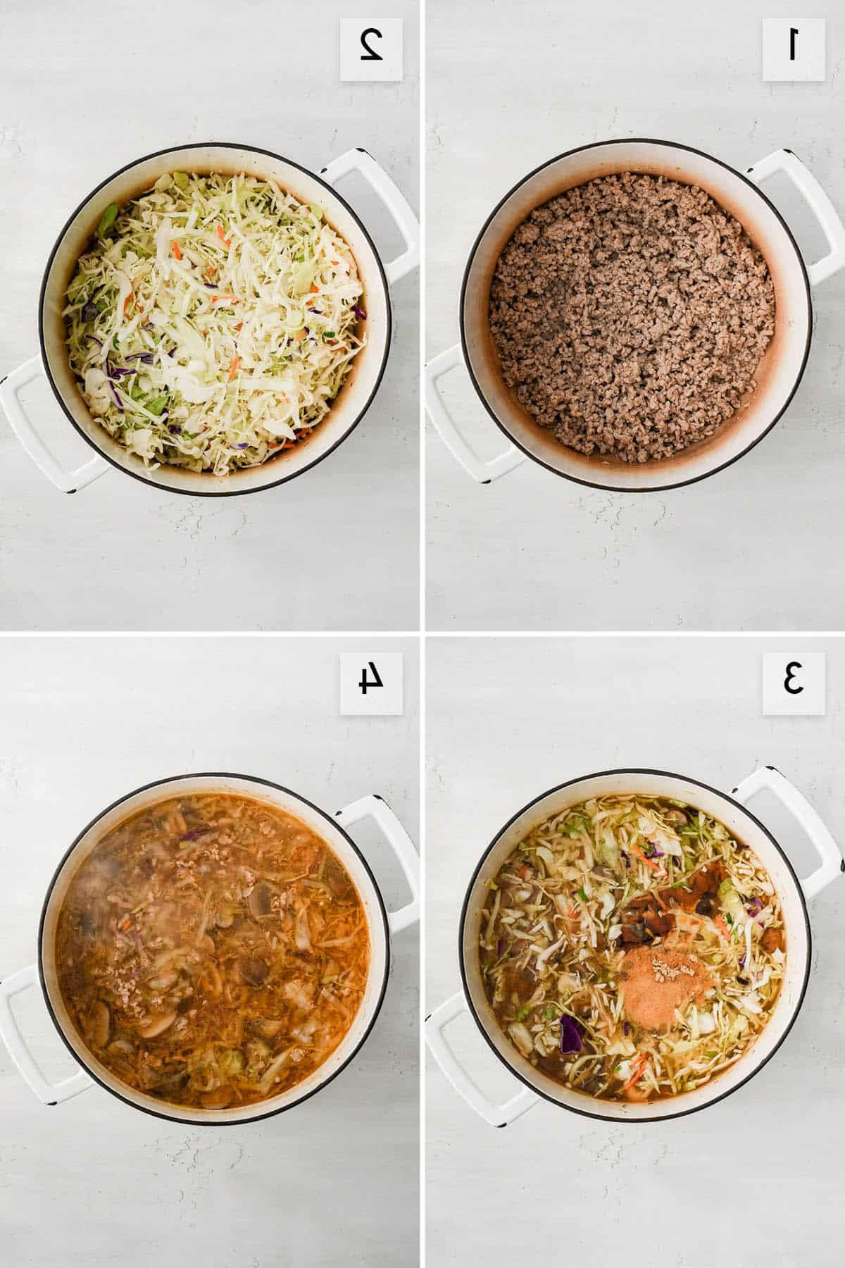 Immagine collage di quattro pannelli che mostrano come preparare la zuppa di involtini primavera