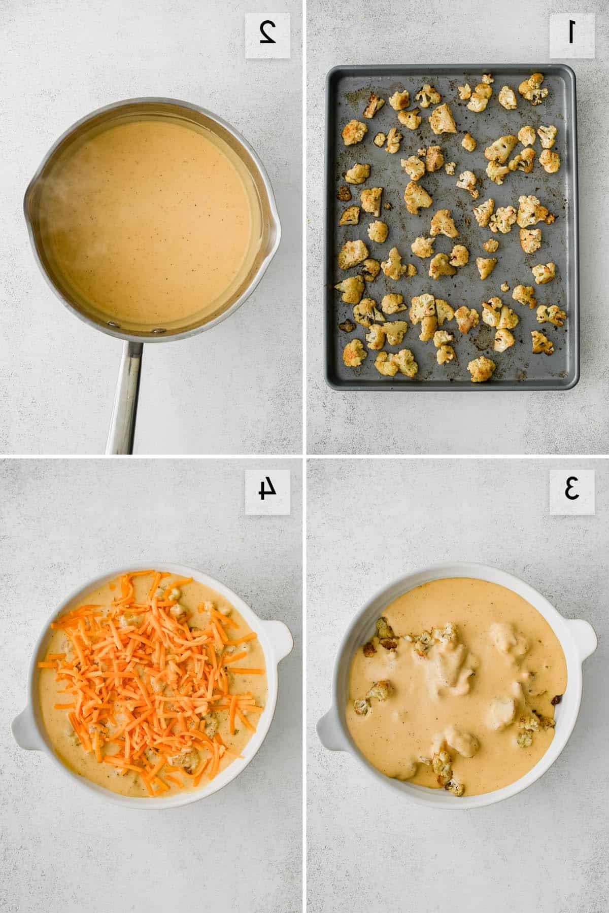 Cavolfiore gratinato al formaggio 3 Collage di quattro pannelli che mostra come preparare il gratin di cavolfiore al formaggio