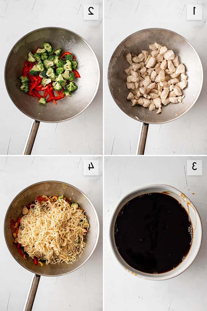 Collage di foto che mostrano i passaggi per preparare il ramen di pollo con anacardi