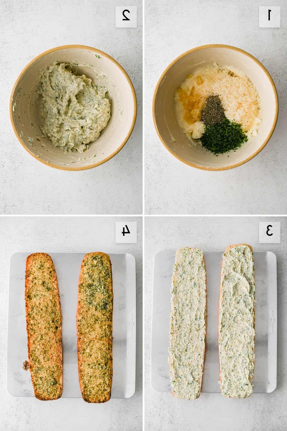 Collage di quattro pannelli che mostra i diversi passaggi per fare il pane all'aglio, dalla preparazione alla cottura