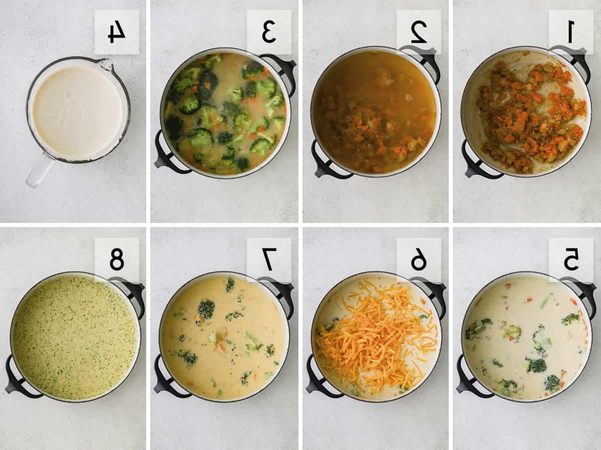Zuppa di Broccoli e Cheddar 3 eight panel collage image showing the steps of preparing broccoli cheddar soup