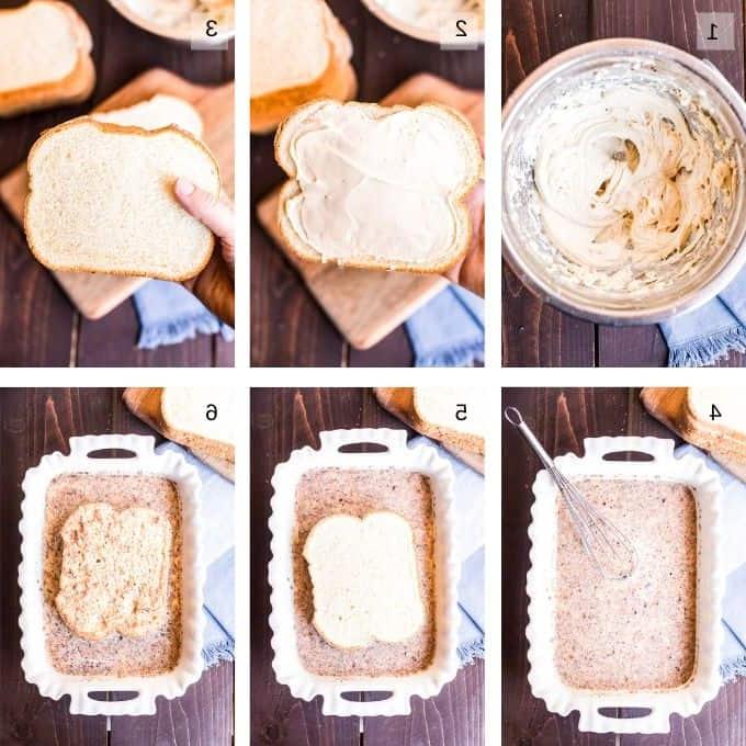 Collage di foto del processo di preparazione dei toast francesi ripieni