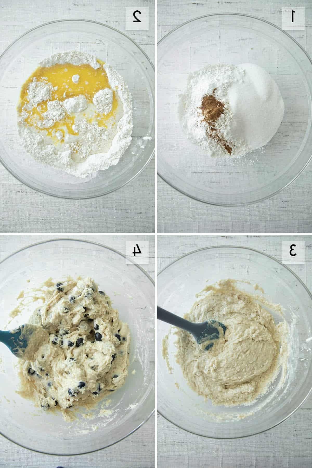immagine collage in quattro pannelli che mostra diverse fasi della preparazione dei biscotti ai mirtilli