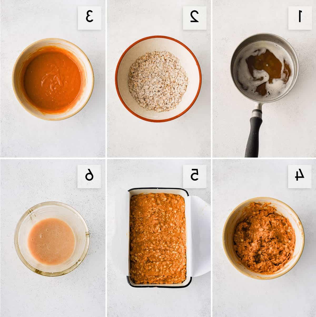 Collage di sei pannelli che mostra come preparare barrette d'avena alla zucca al burro nocciola