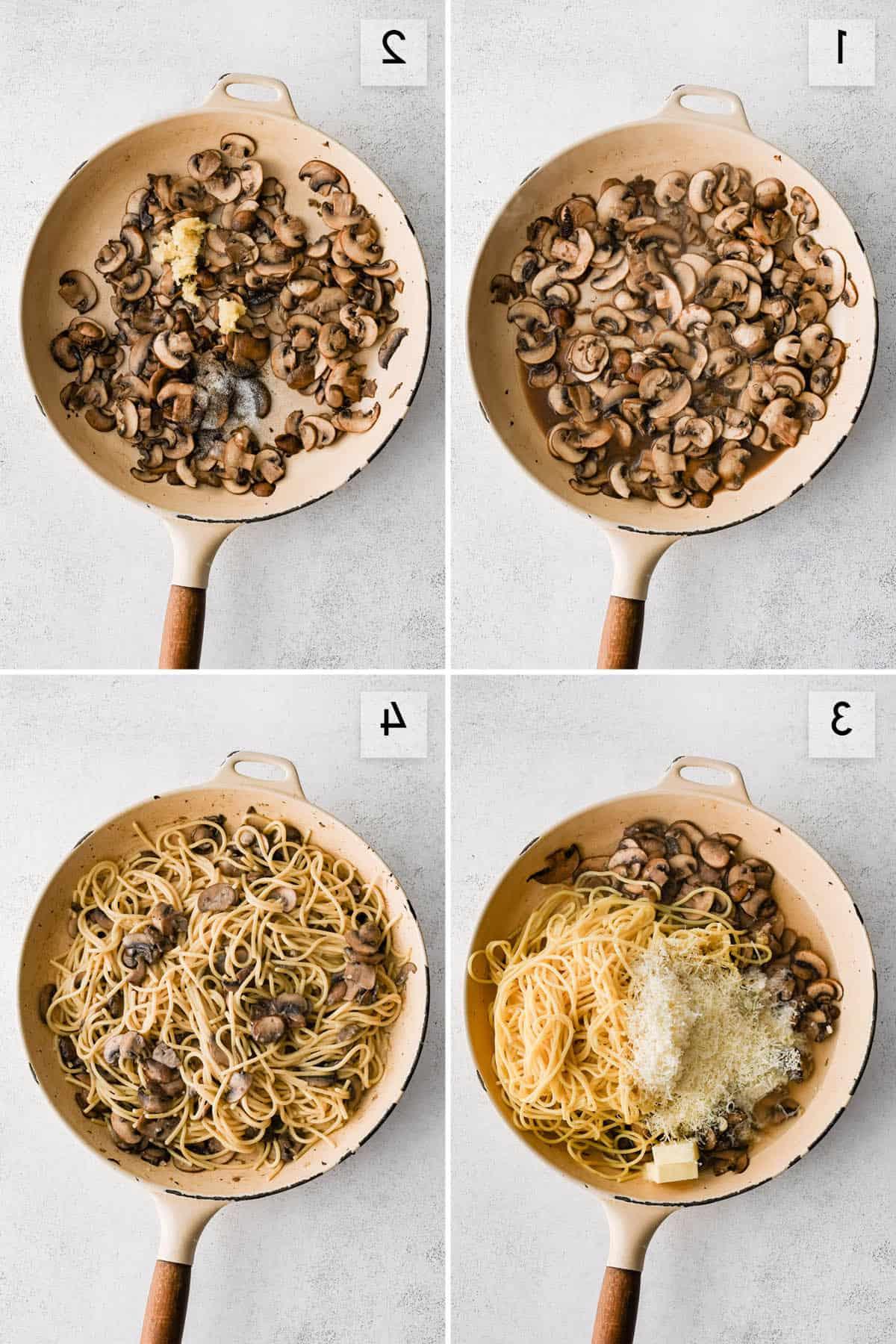 Immagine collage a quattro pannelli che mostra i diversi passaggi per preparare la pasta ai funghi con aglio e burro