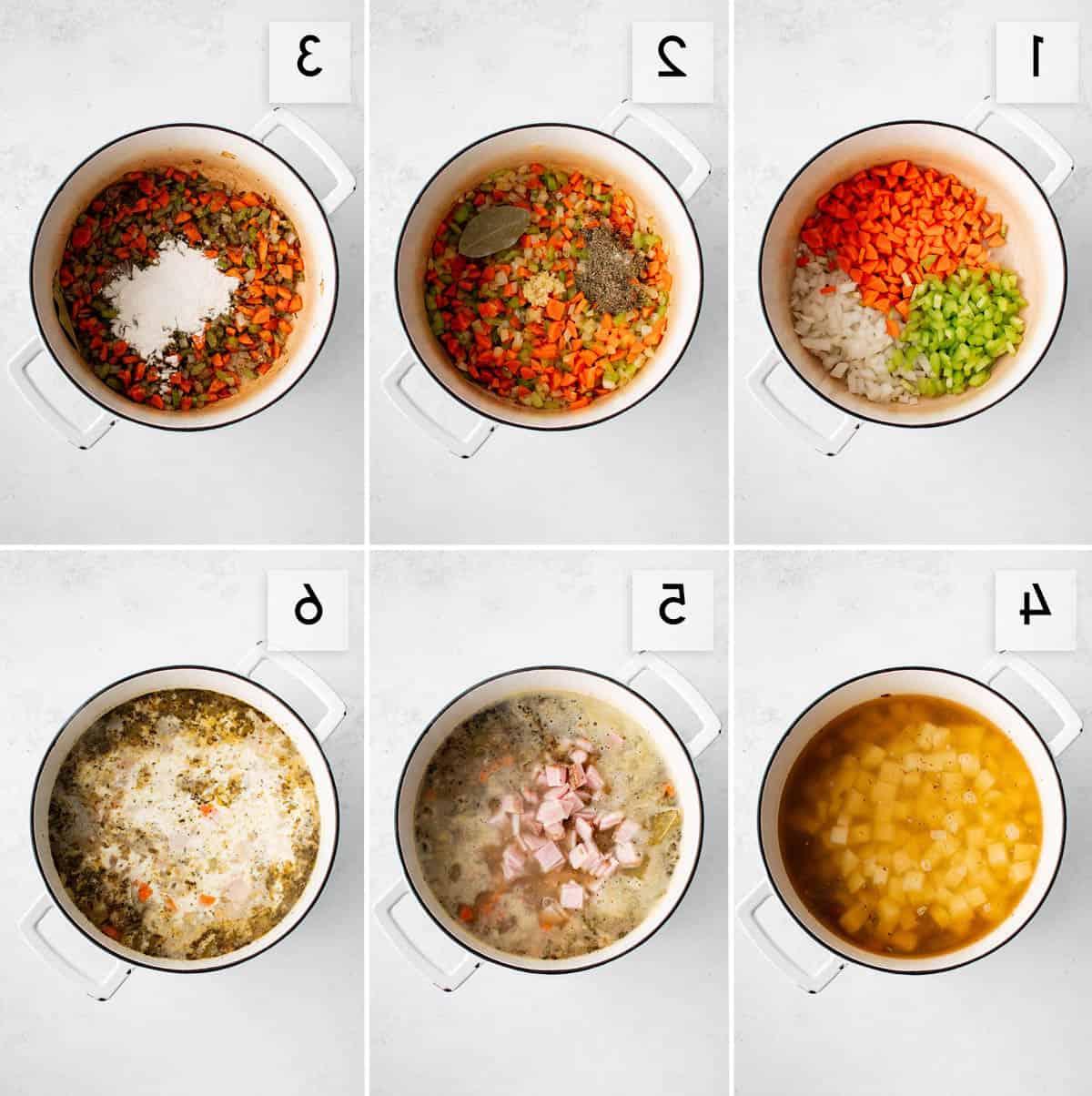 collage di sei pannelli che mostra come preparare la zuppa di patate e prosciutto
