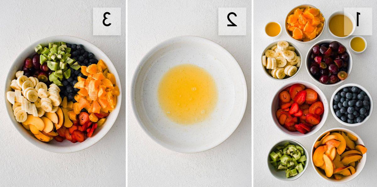 photo collage how to make fruit salad and dressing
