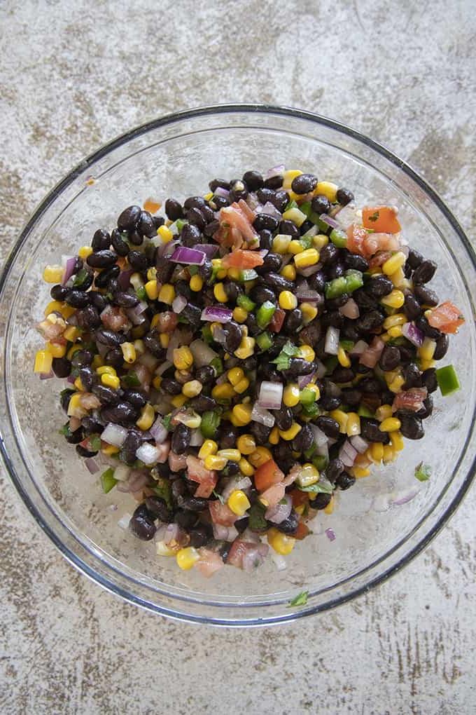 Ciotola di salsa di fagioli neri con contorno di tortilla chips e ingredienti freschi