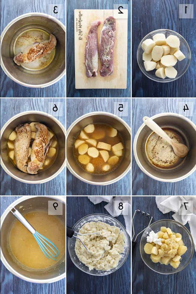 collage di foto su come preparare il filetto di maiale Instant Pot
