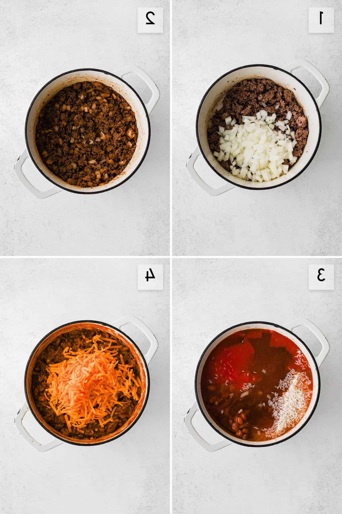 One Pot Riso Chili e Formaggio 3 immagine collage a quattro pannelli che mostra come fare il riso al chili e formaggio in una pentola