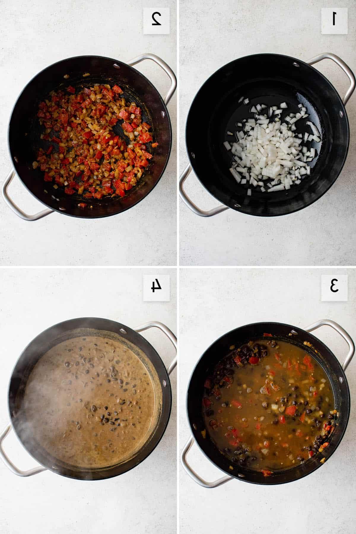 Curry di Fagioli Neri 3 collage di quattro immagini che mostrano come preparare il curry di fagioli neri