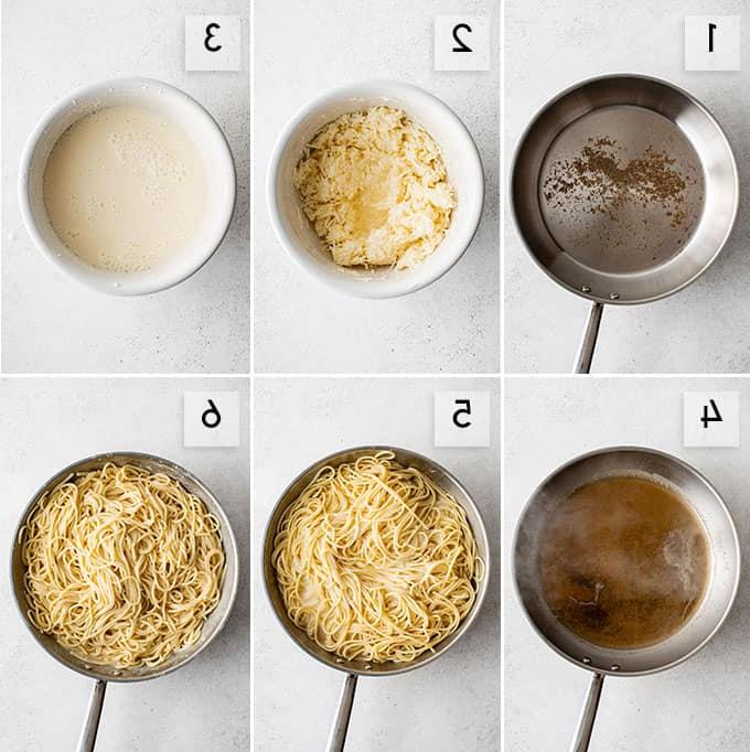 Dettaglio dei passaggi per fare il Cacio e Pepe, con ingredienti e attrezzi