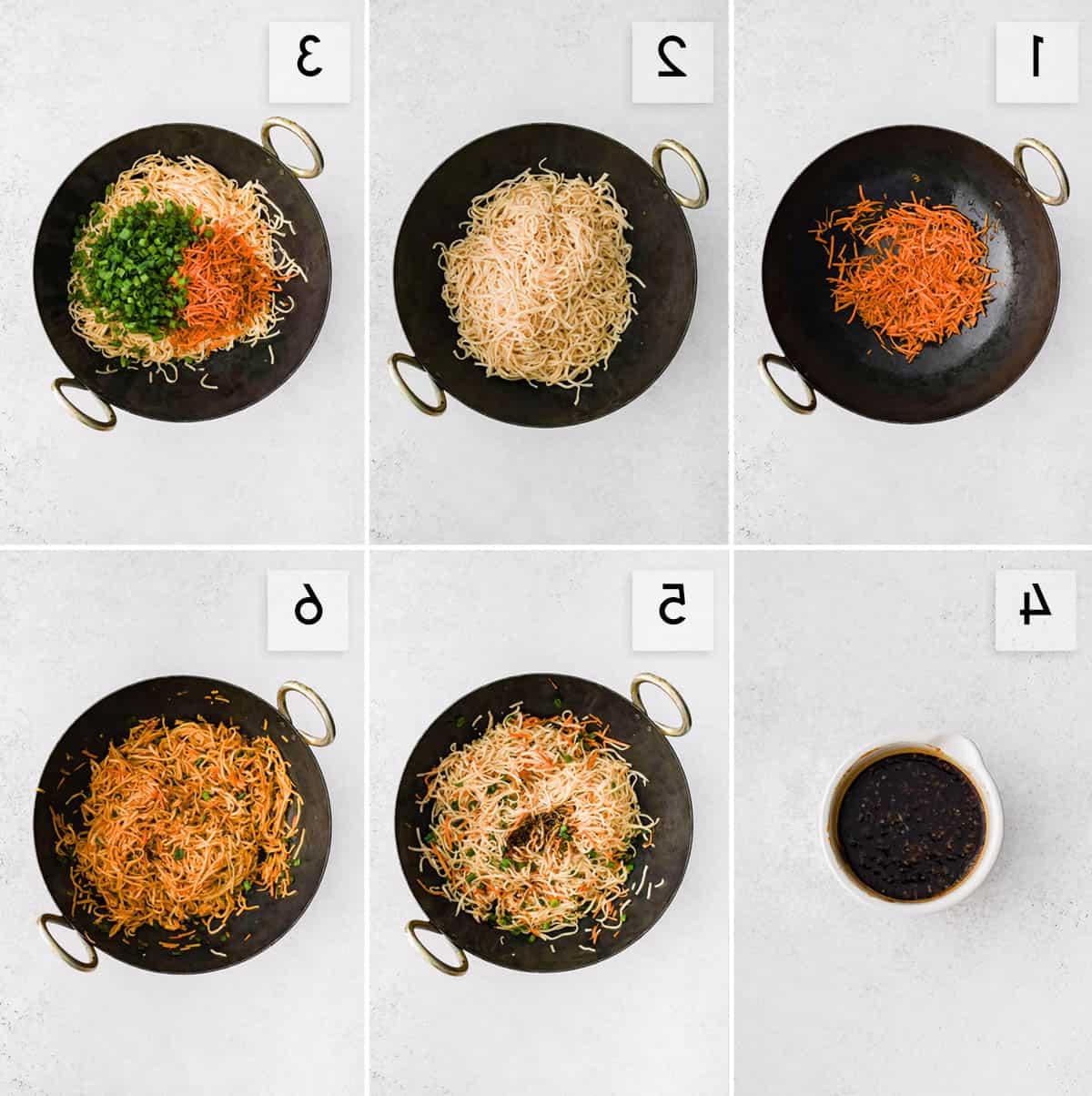 Collage di sei pannelli che mostra i passaggi per preparare i noodle saltati in padella