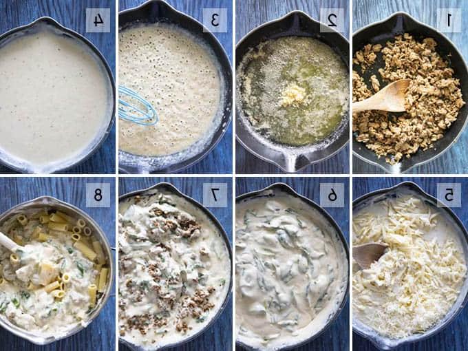 collage di foto che mostra i passaggi per preparare i rigatoni ai tre formaggi