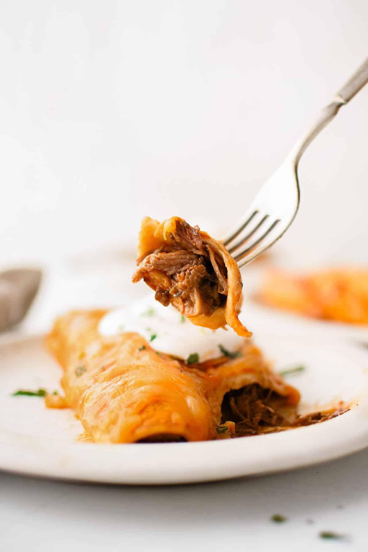 Enchiladas di manzo sfilacciato 4 un boccone di enchilada di manzo sfilacciato su una forchetta