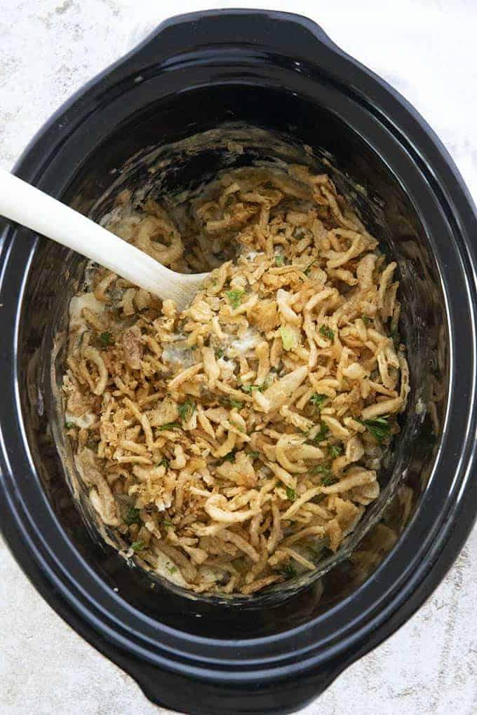 photo of green bean casserole made in slow cooker - Casseruola di Fagiolini fatta nella Slow Cooker