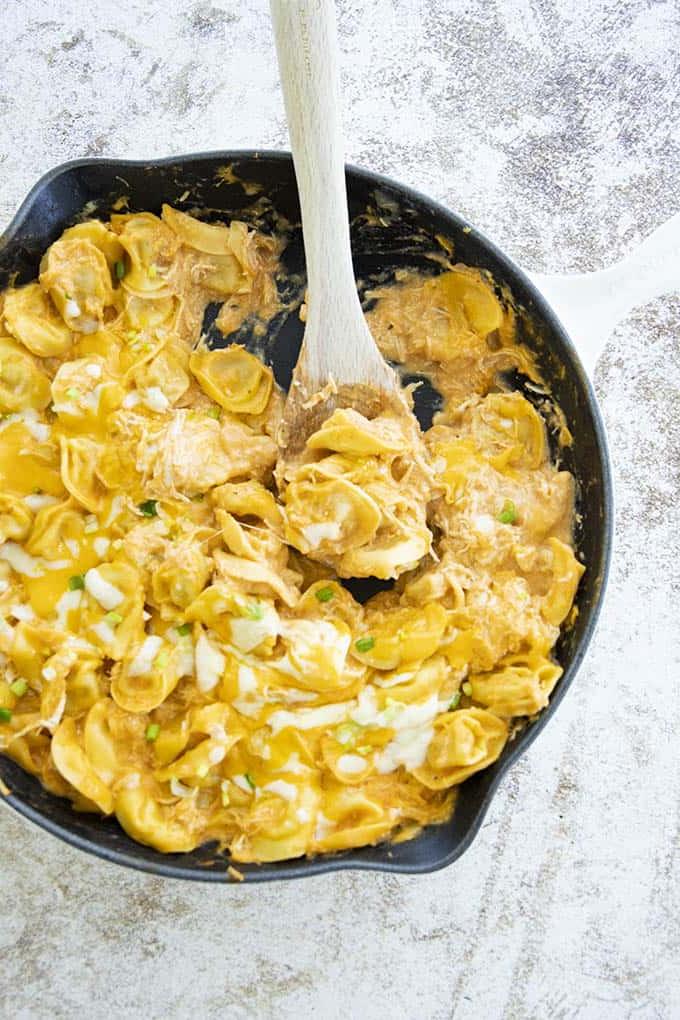 Tortellini di pollo buffalo su un cucchiaio