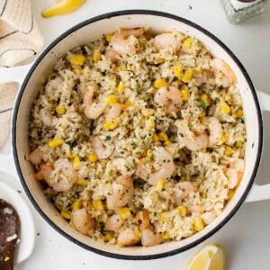 shrimp and rice in a pot