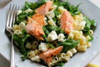Mediterranean Lemony Salmon Pasta Salad with Feta and Spinach