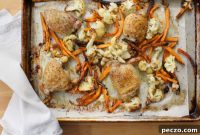 One Pan Roasted Chicken Thighs with Sweet Potato Fries and Cauliflower