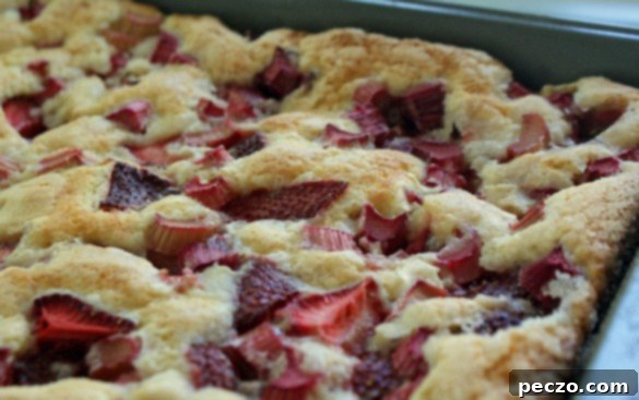 A close-up shot of a rustic strawberry-rhubarb cobbler cake, steam gently rising, ready to be served with vanilla ice cream.