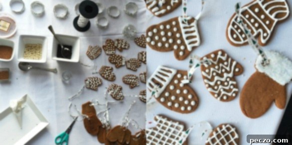 A vibrant collage of freshly decorated gingerbread cookies, including mitten shapes with intricate royal icing patterns