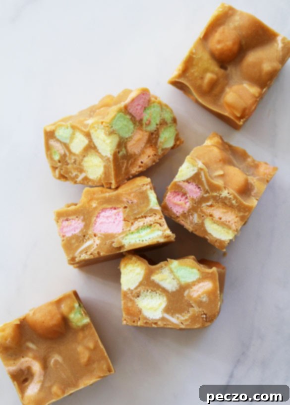 Classic peanut butter marshmallow squares arranged on a plate