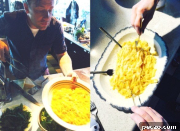 Jamie pasta Collage - A series of images showing the various stages of fresh pasta making with Jamie Oliver, from dough to finished dish.