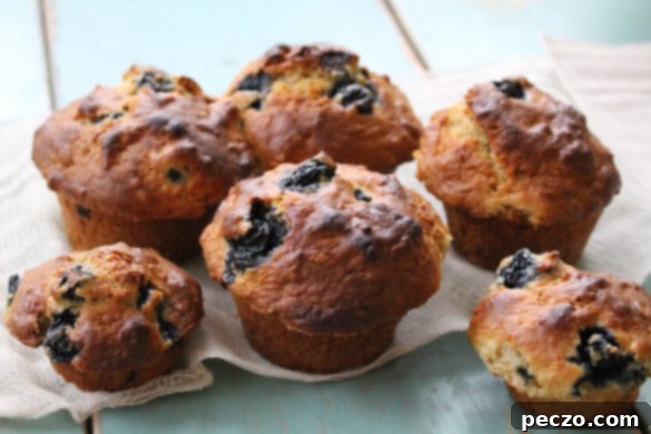 Perfect homemade blueberry muffins fresh out of the oven, golden brown and bursting with fruit
