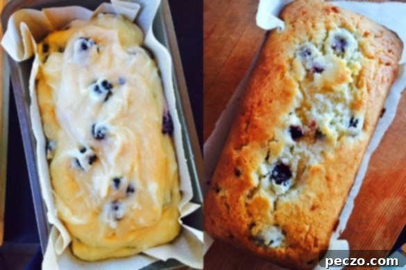 A freshly cut slice of warm lemon blackberry pound cake on a plate, revealing its moist texture and juicy berries