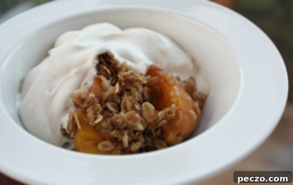 Delicious peach crisp served in a bowl, a comforting summer dessert
