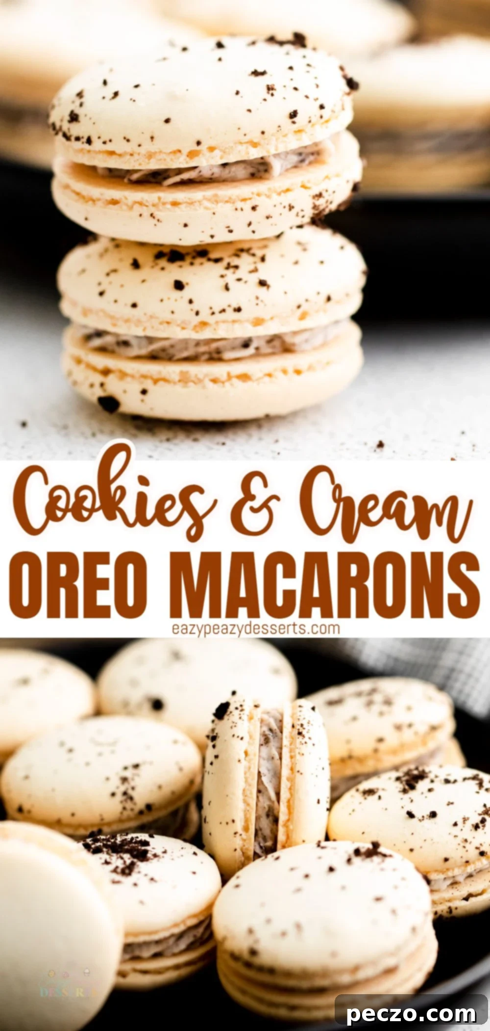 A Pinterest-friendly image showing a stack of French Oreo macarons, inviting users to save the recipe.