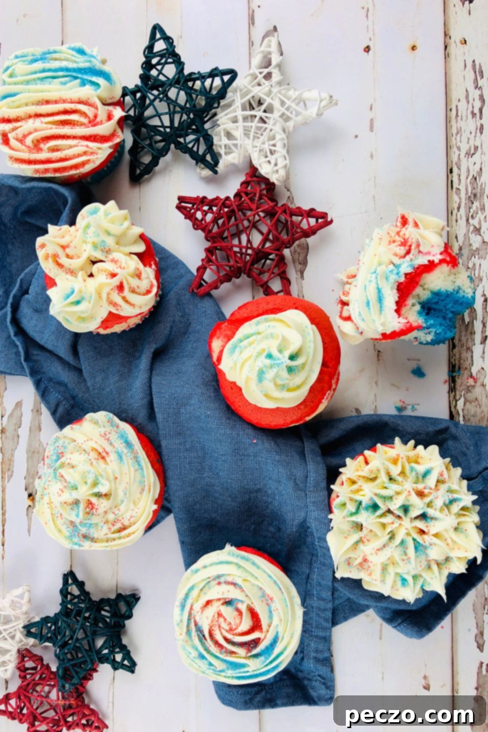Vibrant 4th of July cupcakes arranged beautifully on a tiered stand