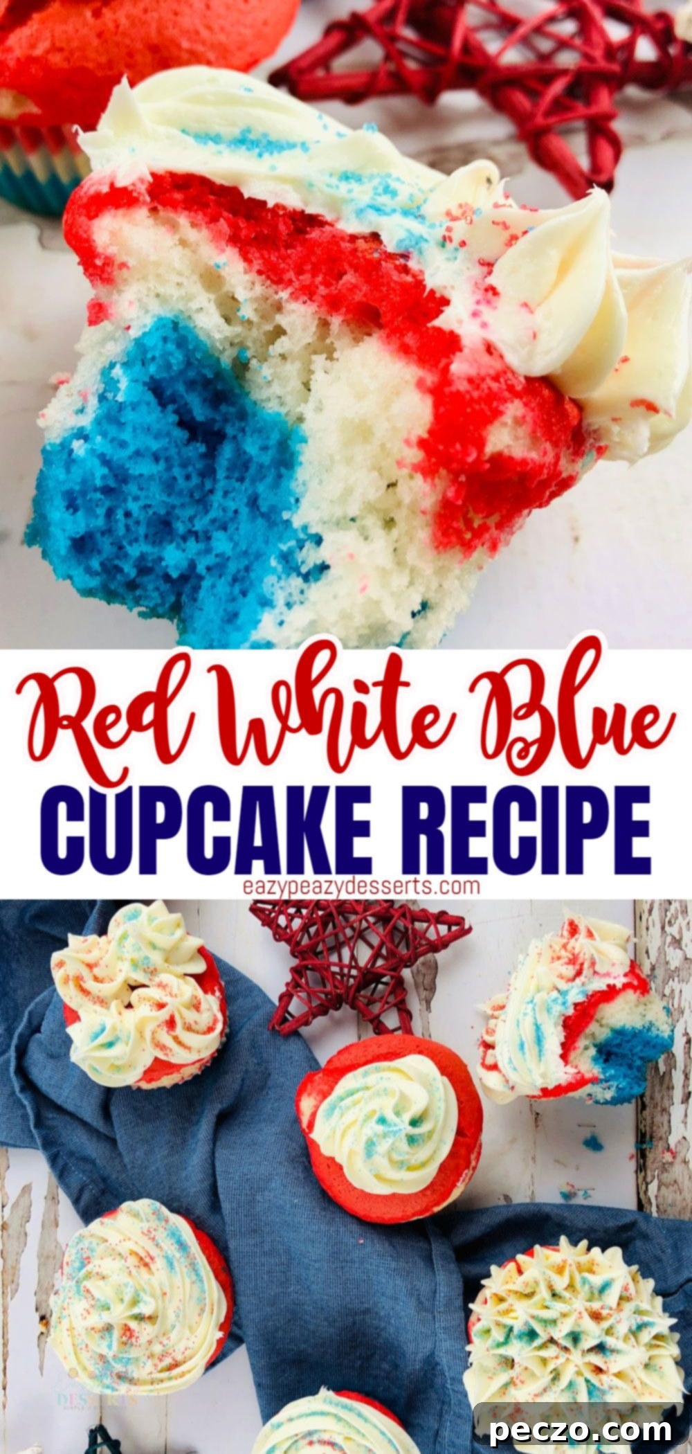 Collection of patriotic red, white, and blue cupcakes for 4th of July celebration