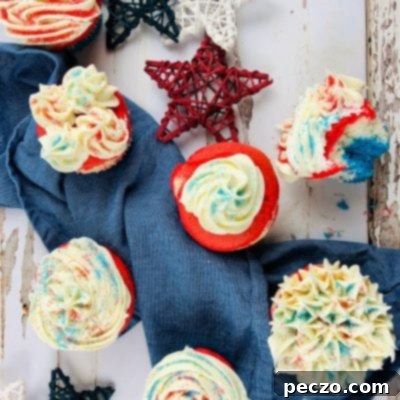 Patriotic red, white, and blue cupcakes for Independence Day