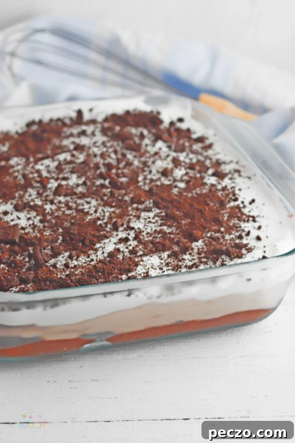 Image of no bake Oreo lasagna layered in a baking dish
