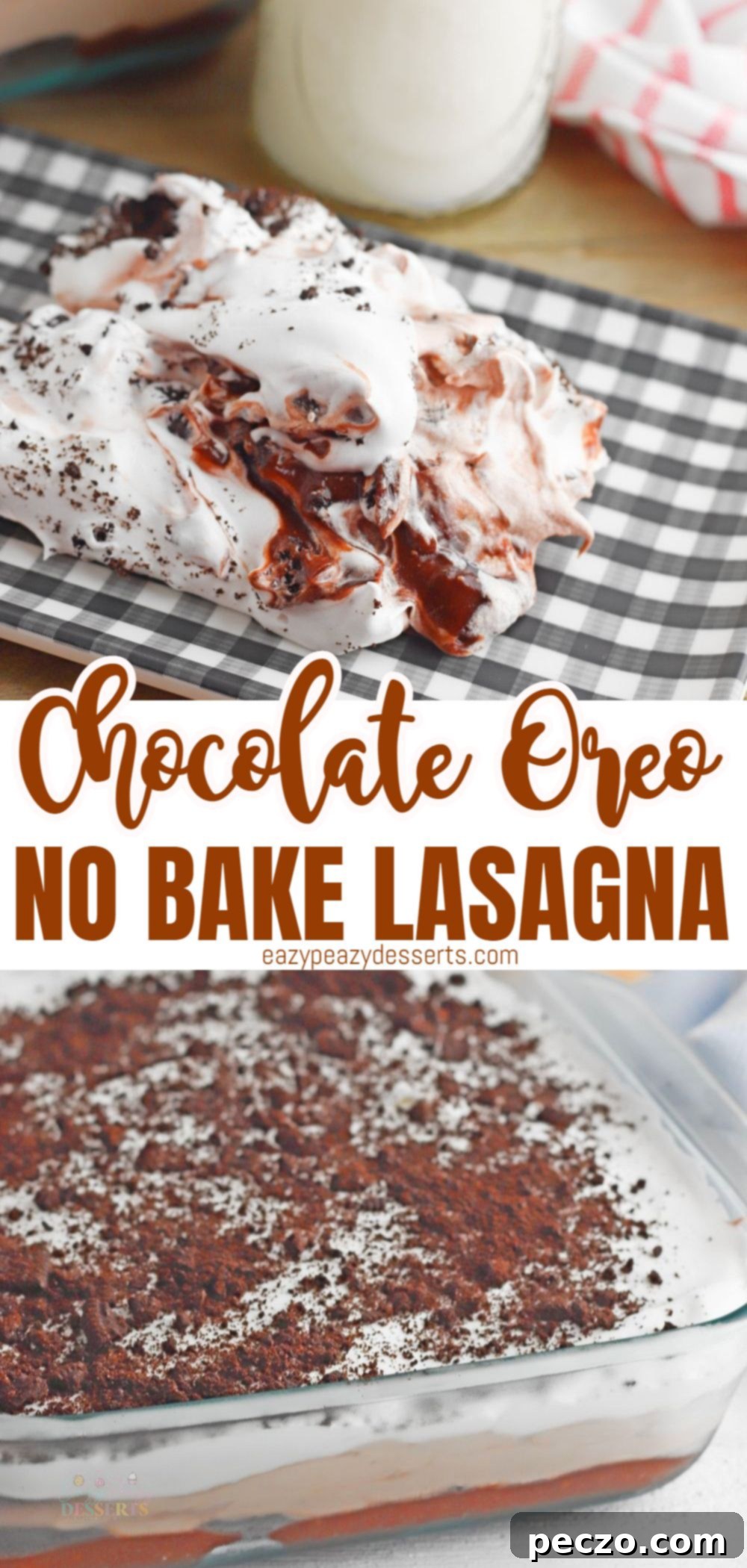Photo collage of chocolate Oreo lasagna in a plate and in a baking dish