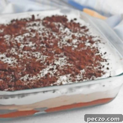 Decadent Oreo Chocolate Pudding Lasagna 7 Image of no bake Oreo lasagna layered in a baking dish