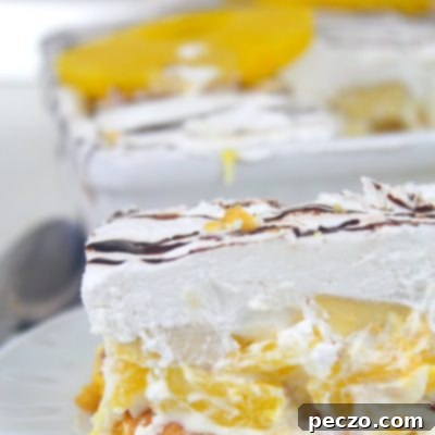Tropical No-Bake Banana Split 7 Close up image of banana split lasagna with pineapple, in a white serving plate