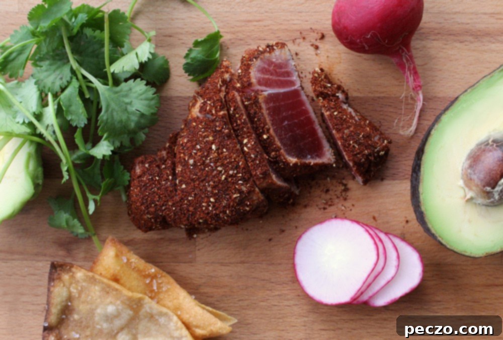 Freshly prepared ahi tuna slices for tostadas