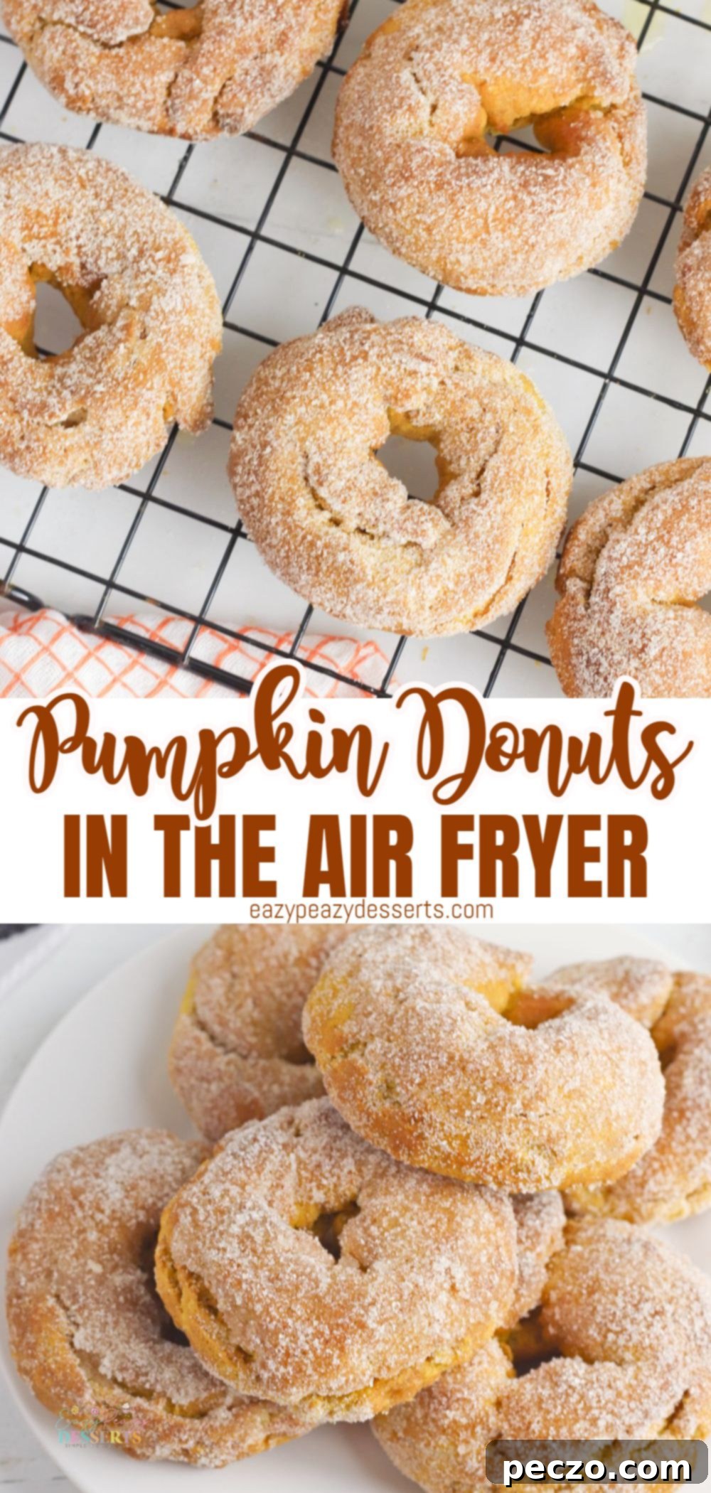 Photo collage of pumpkin donuts made in the air fryer