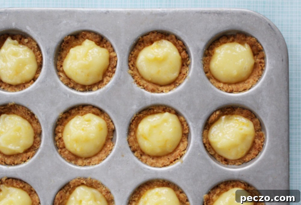 Close-up of baked Meyer lemon tarts in their individual molds