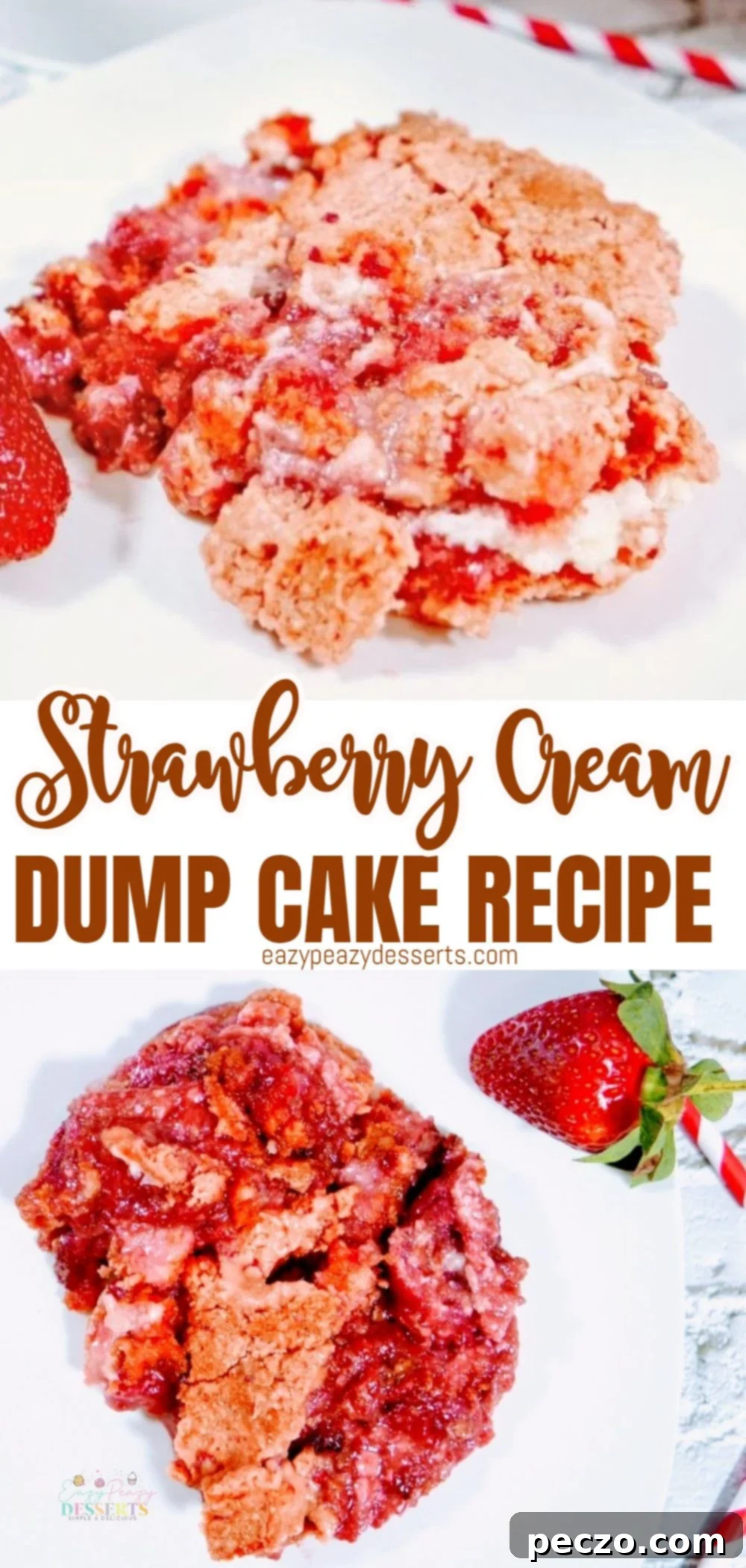 Photo collage of strawberry dump cake with cream cheese, showing various stages