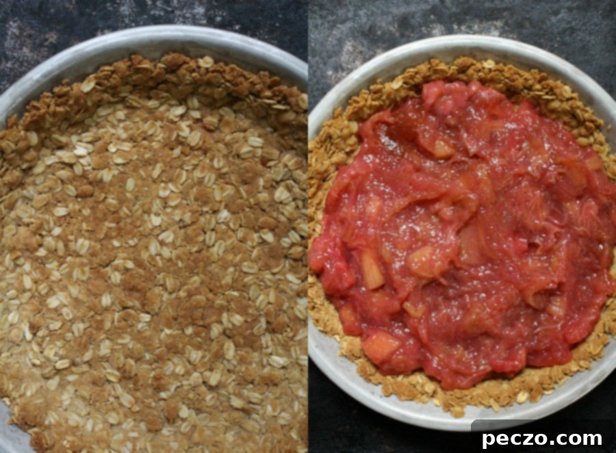 Beautifully baked rhubarb custard pie with a golden-brown oatmeal cookie crust