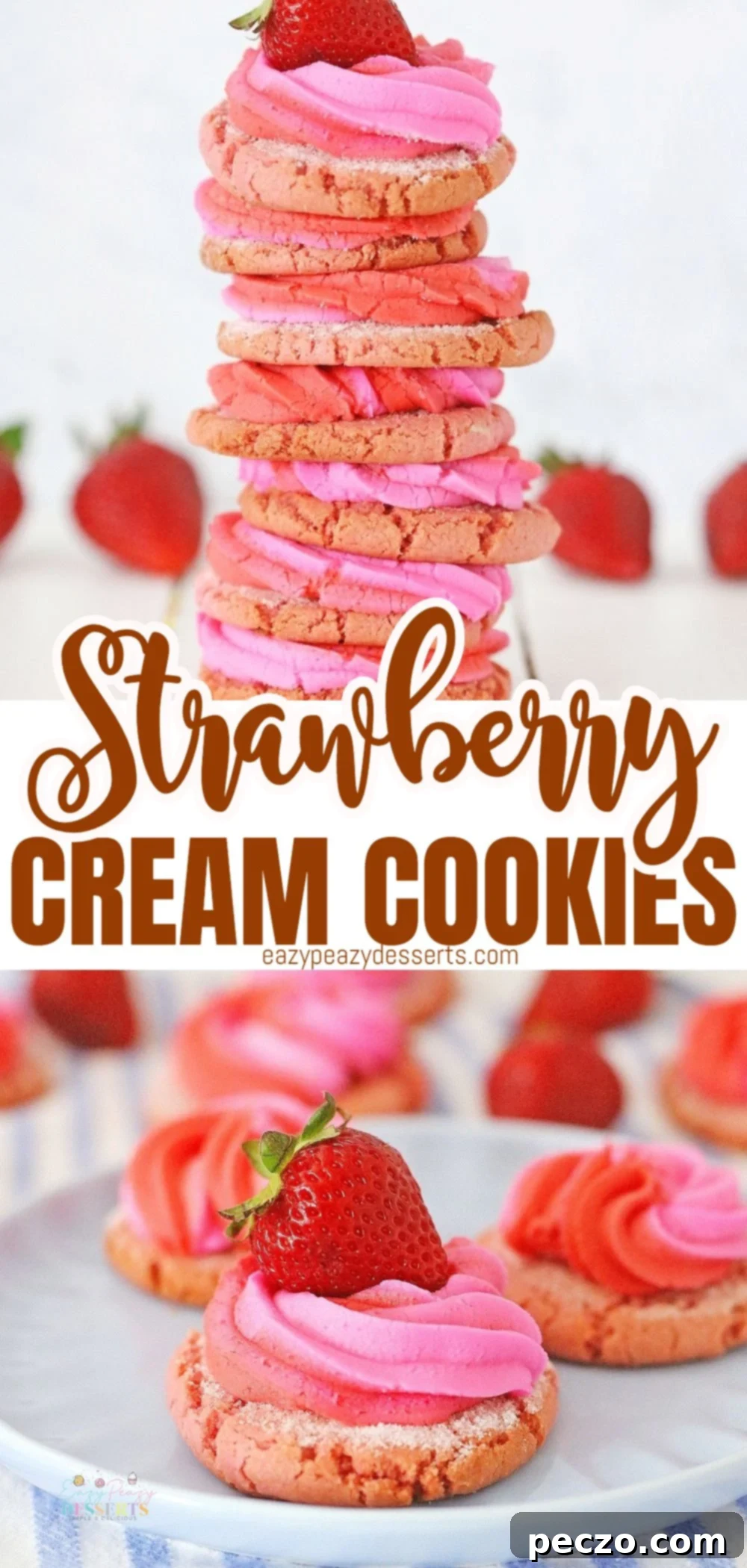 Photo collage showing a stack of pink strawberry cookies with cream cheese frosting and a single cookie on a serving plate with fresh strawberries