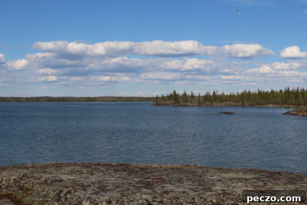 Stunning view of Great Slave Lake from a rocky island, perfect for a shore lunch setting.